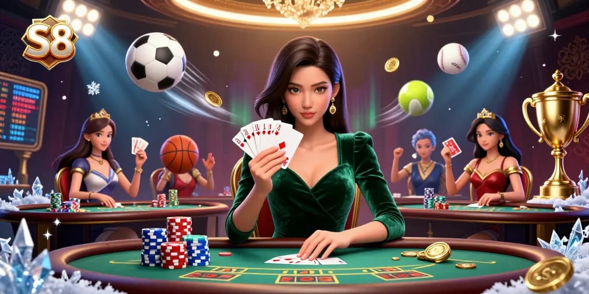 Experience thrilling gameplay at S8 with a beautiful dealer presenting winning hands and dynamic sports elements.