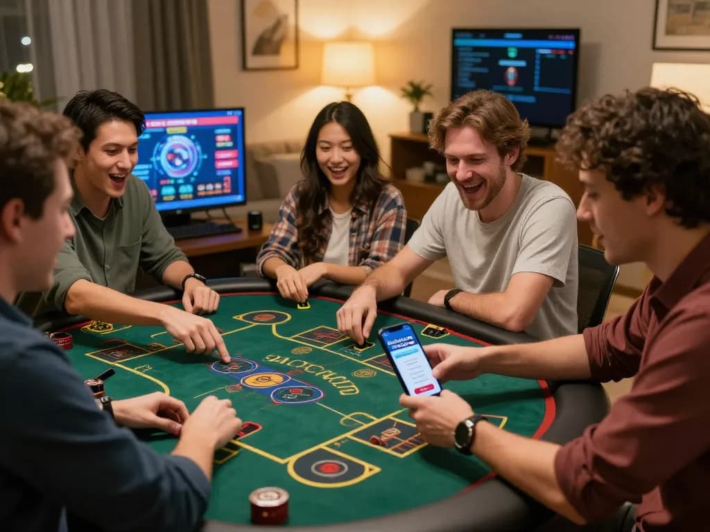 Pemain menikmati permainan strategis di meja kasino online Jalatogel dalam suasana rumah yang nyaman.