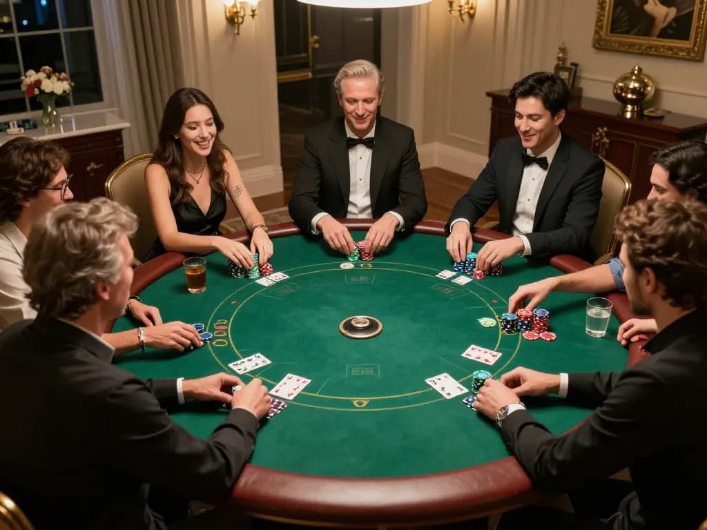 Players strategizing in an engaging home poker game, emphasizing qh88go's social gambling experience.