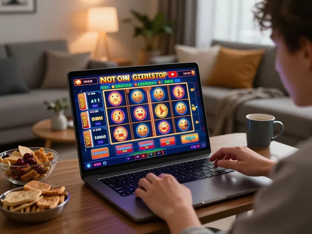 Playing exciting slots not on Gamstop from home in a cozy setup with engaging game graphics.