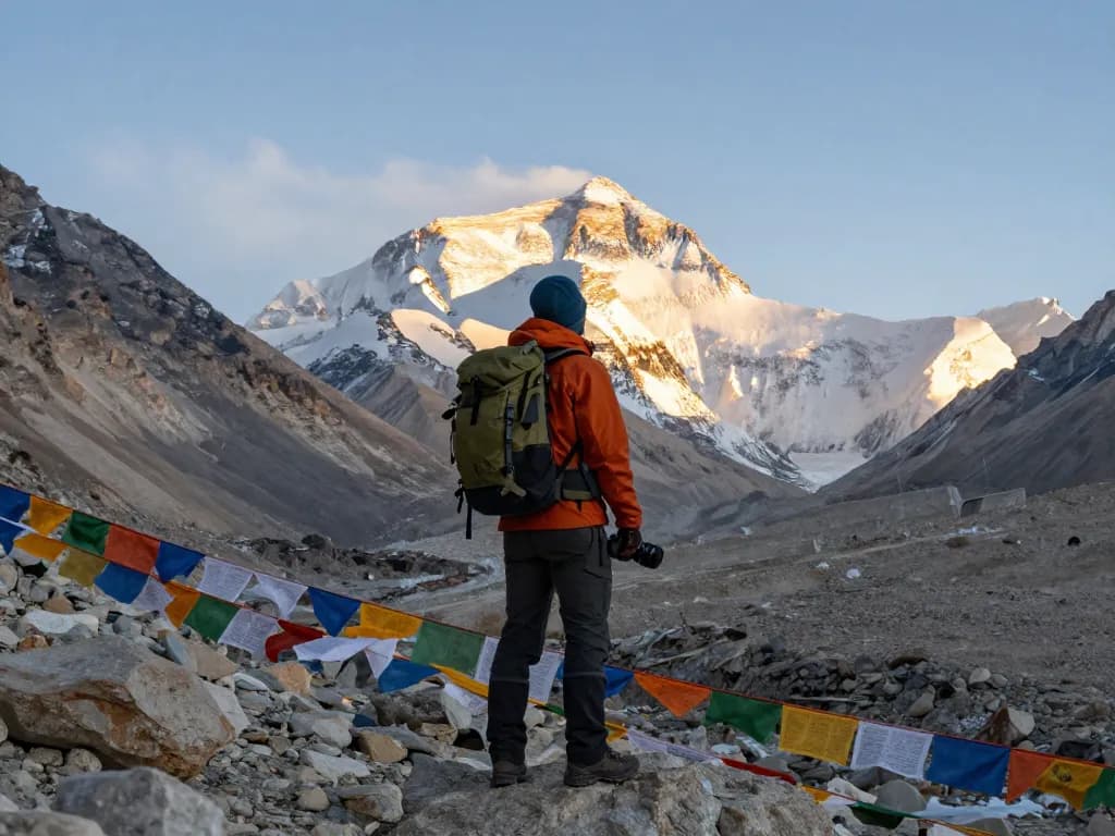 Stunning view of Everest Base Camp with a traveler enjoying the majestic peaks in 2026.