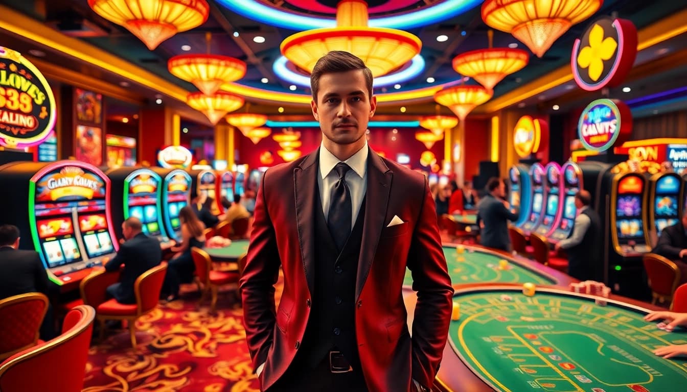 Vegas hero confidently playing in a bustling casino environment with vibrant lighting