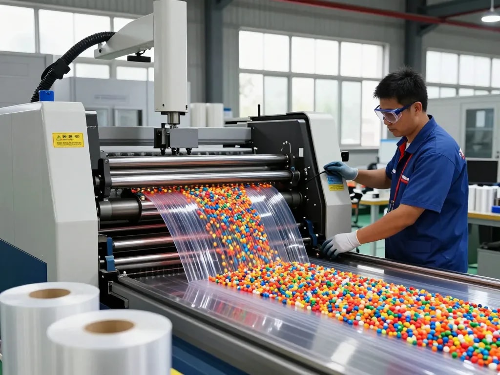 Bóc plastic manufacturing process with technician operating extrusion machine in industrial setting