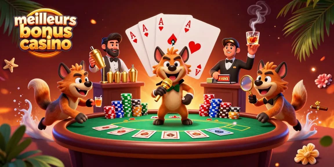 Découvrez les meilleurs bonus casino dans une illustration captivante de hyènes humoristiques au casino.