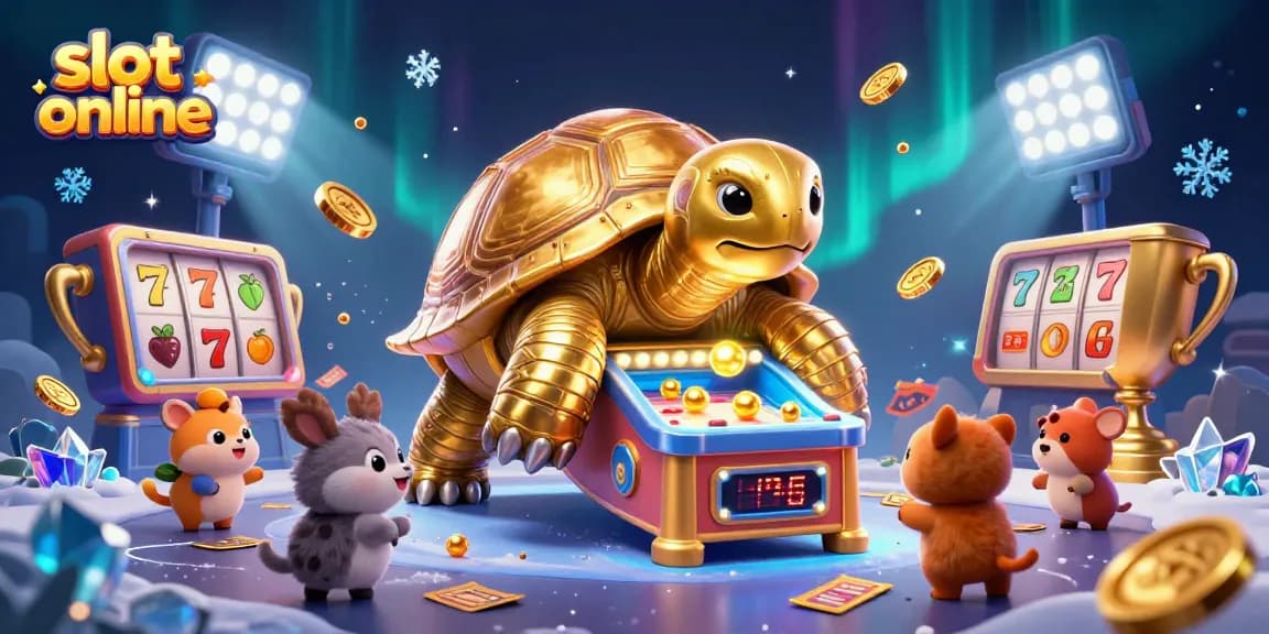Experience exciting slot online gameplay with vibrant illustrations of golden tortoises and coins.