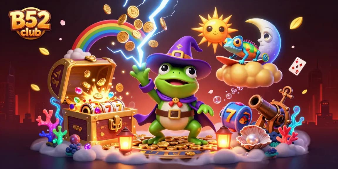 B52 club enhances the casino experience with vibrant visuals of characters amidst slot reels and golden coins.