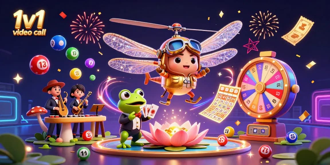 Engage in a thrilling 1v1 video call while enjoying the vibrant atmosphere of a lily pad casino.