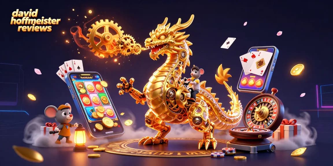 Engage with david hoffmeister reviews featuring a golden dragon surrounded by dynamic casino elements.