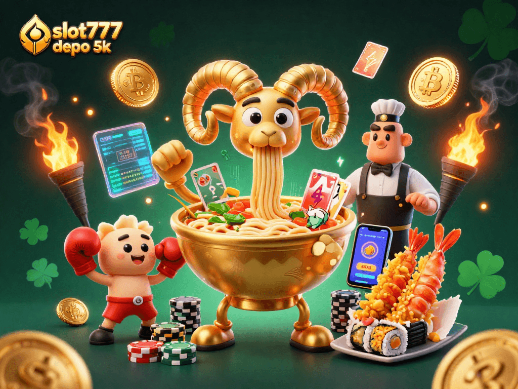 Experience thrilling wins with slot777 depo 5k in a vibrant, cartoonish casino scene.