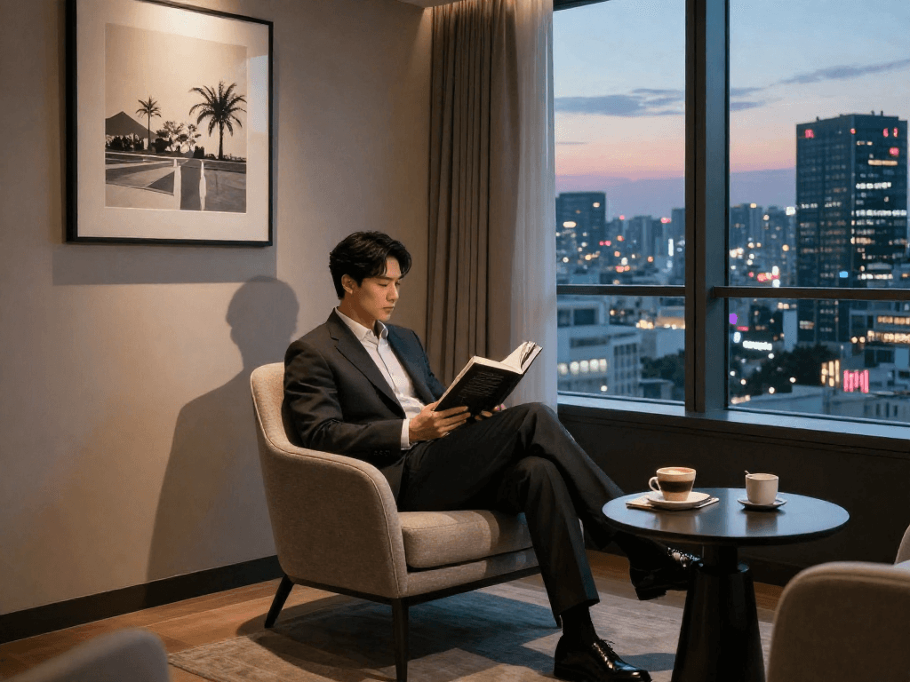 강남쩜오 멀리건에서 아늑한 분위기 속에서 독서를 즐기는 모습으로 쾌적한 공간과 고급스러운 인테리어를 강조합니다.
