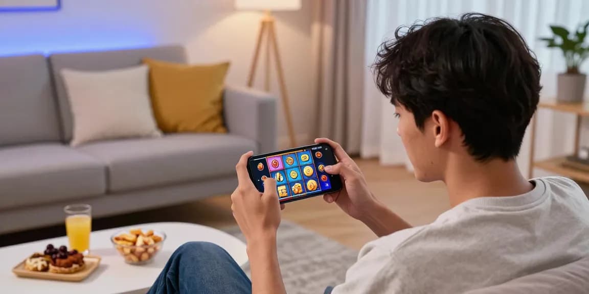 Engaged gamer enjoying deposit pulsa tanpa potongan slot games on smartphone in a cozy living room environment.