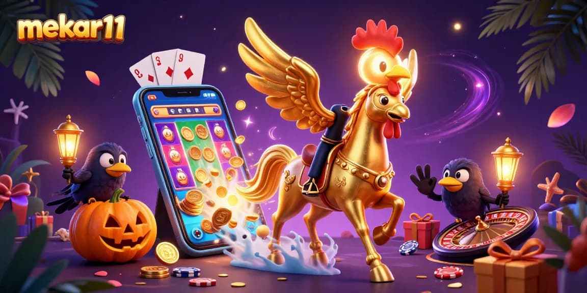 Experience thrilling gaming with mekar11, featuring a golden rooster and vibrant casino elements.