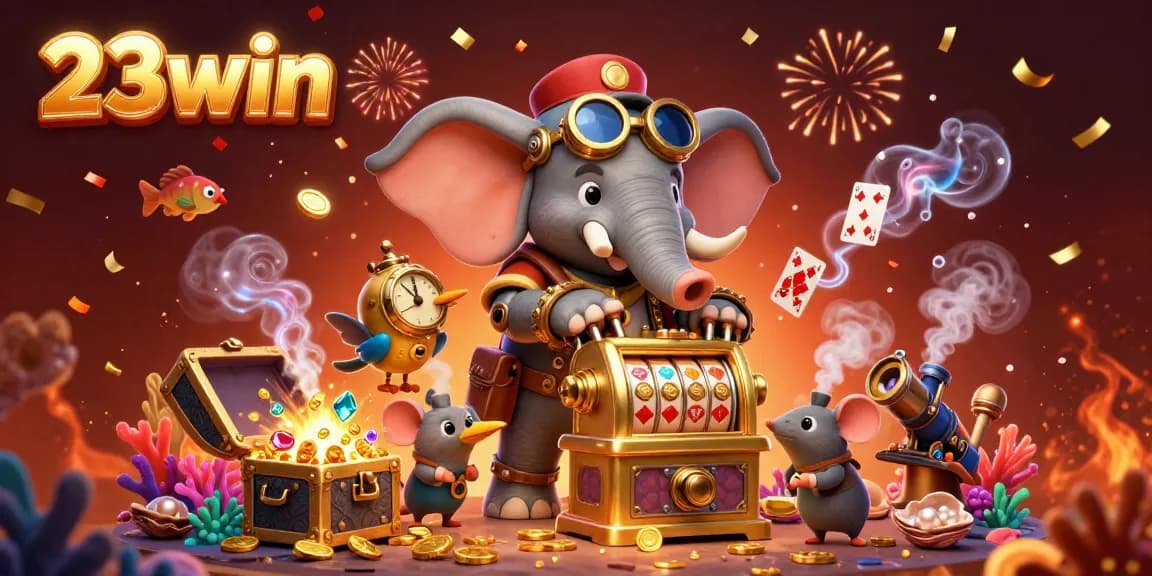 Win big with 23win as a steampunk elephant spins a golden slot machine amid vibrant casino elements.