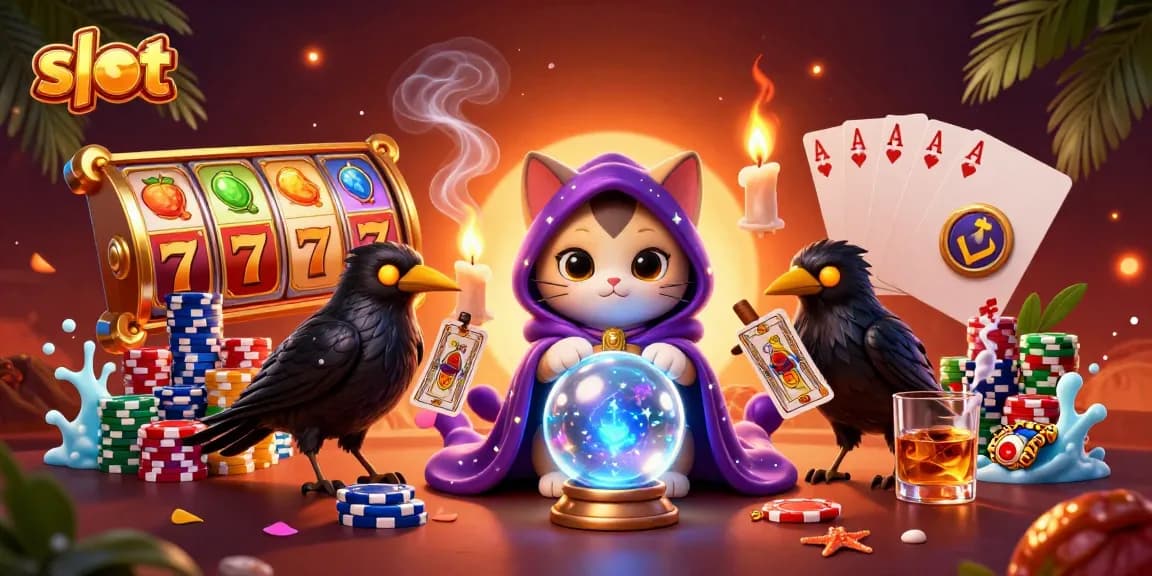 Spin slot games with a mystical cat, a raven, and vibrant casino elements.