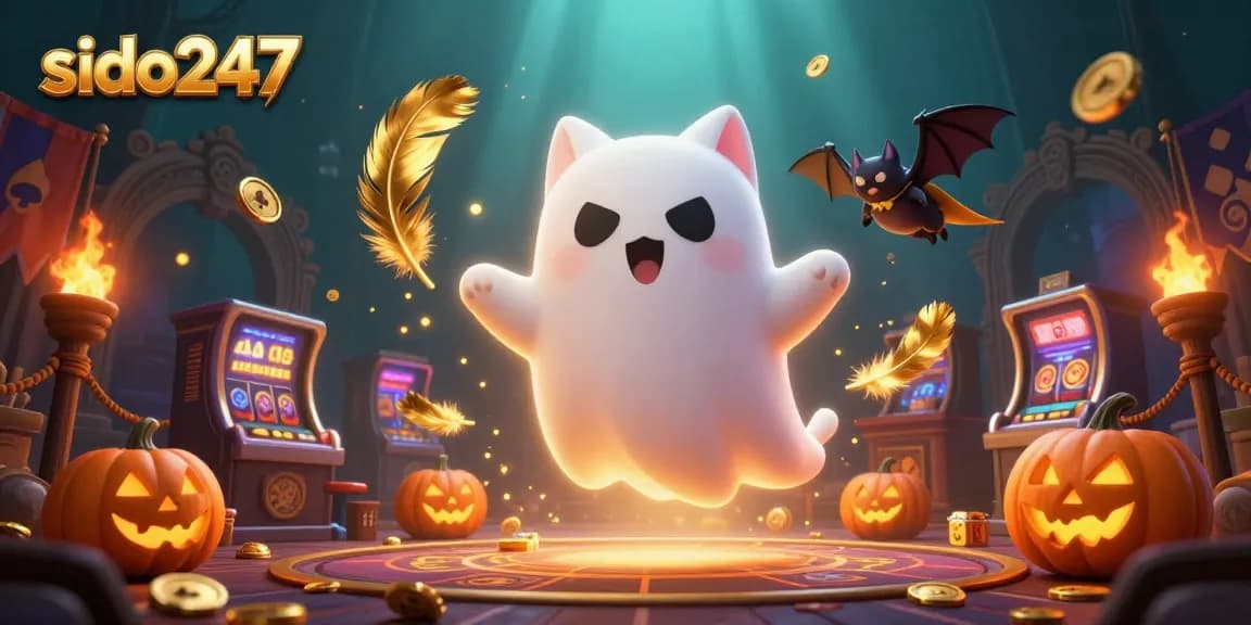 Engage with sido247's vibrant haunted casino adventure featuring a friendly ghost cat and a vampire bat.
