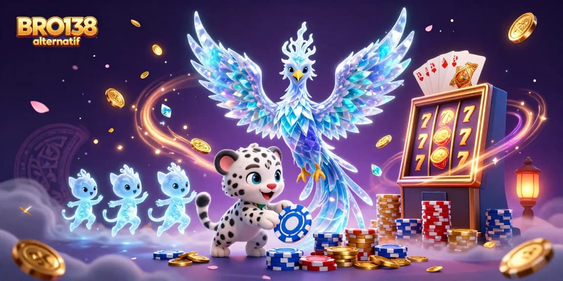 Play exciting games at BRO138 alternatif with vibrant 3D characters enjoying slot machines and poker chips.