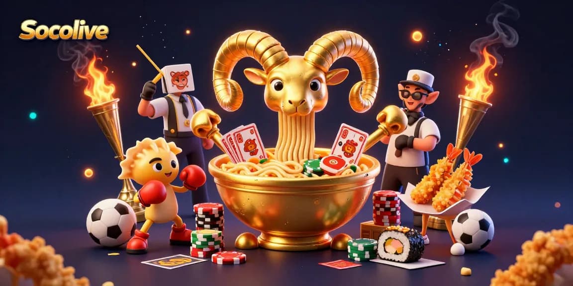 Socolive showcases an energetic scene with a giant ramen bowl character dealing cards amidst a gaming atmosphere.