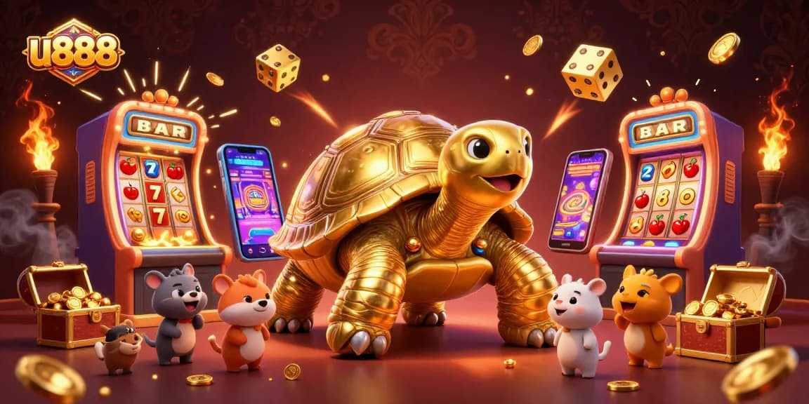Experience u888's thrilling casino adventure with a vibrant slot machine and playful golden tortoise.