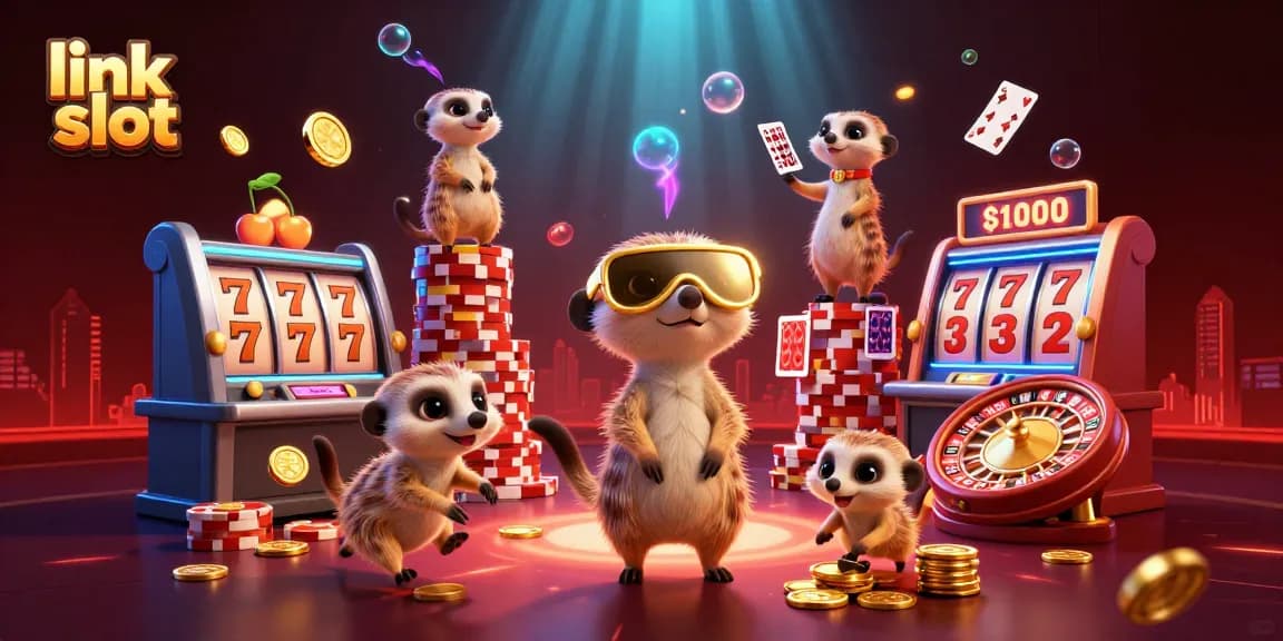 Experience thrilling action at a vibrant link slot casino scene with animated meerkats and dynamic game elements.