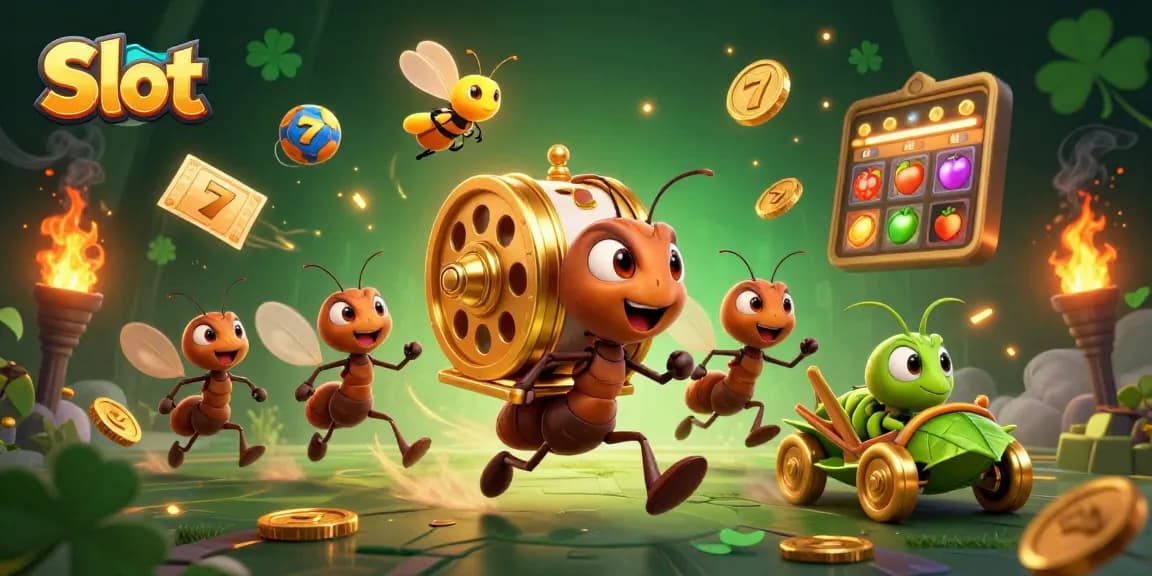 Experience thrilling Slot adventures with ants carrying a giant slot machine, surrounded by vibrant game elements.