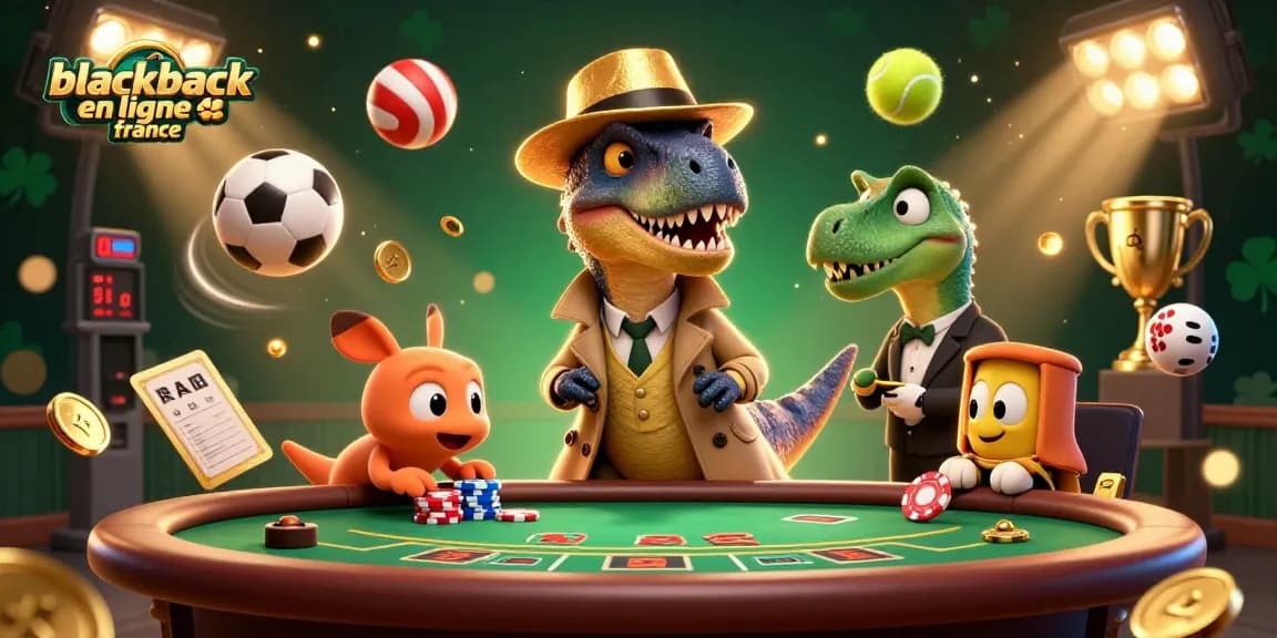 Jouez au blackjack en ligne France avec cette illustration dynamique de cartes et personnages.