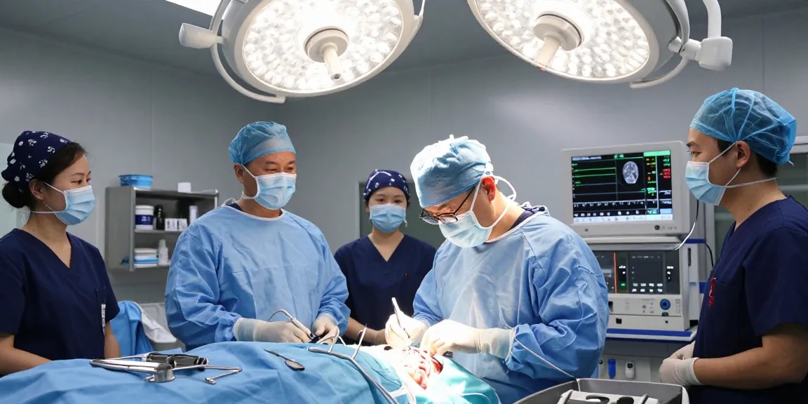Neurosurgeon performing a Beyin ameliyatı in a bright operating room, showcasing surgical precision and advanced medical technology.