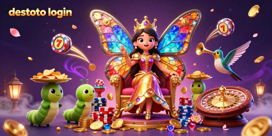 Experience the excitement of the destoto login with a vibrant slot-themed 3D illustration filled with jackpots.