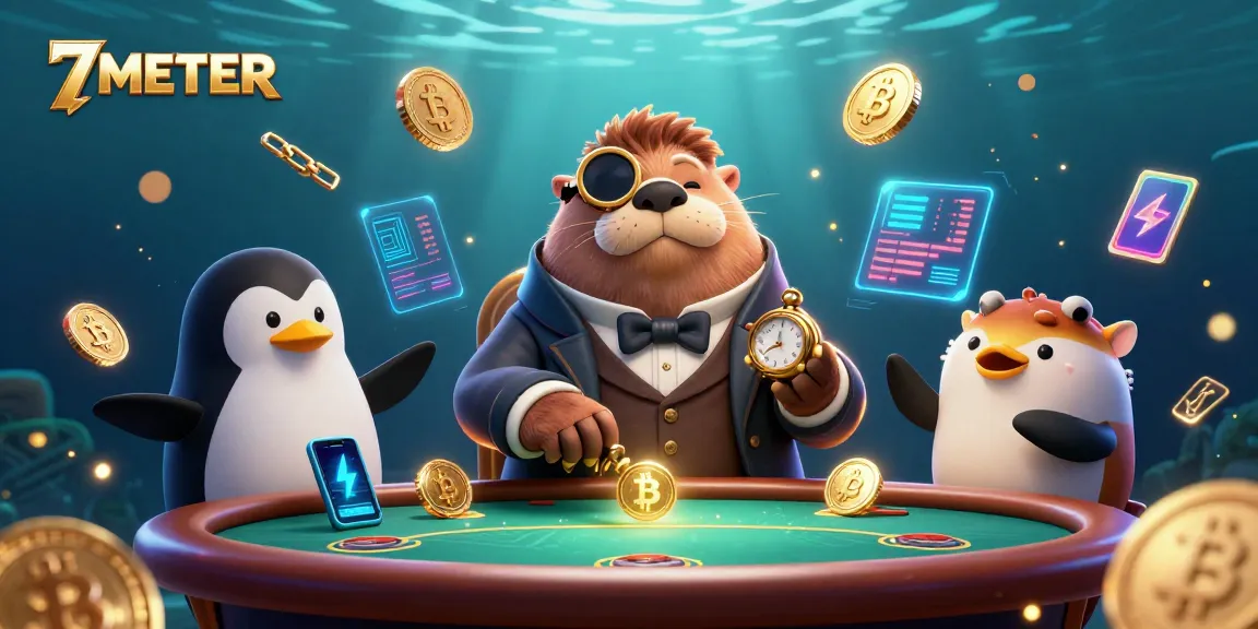 Engage with 7METER's thrilling underwater poker scene featuring unique characters and dynamic crypto elements.