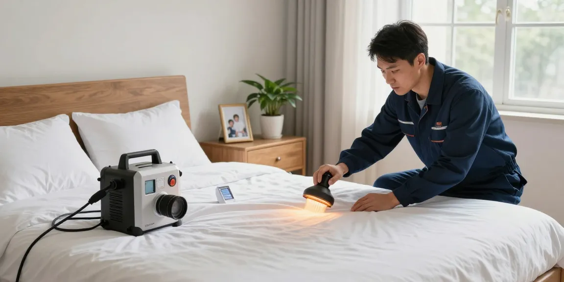 Bed bug heat treatment in a bright bedroom, showcasing a professional technician applying effective pest control methods.