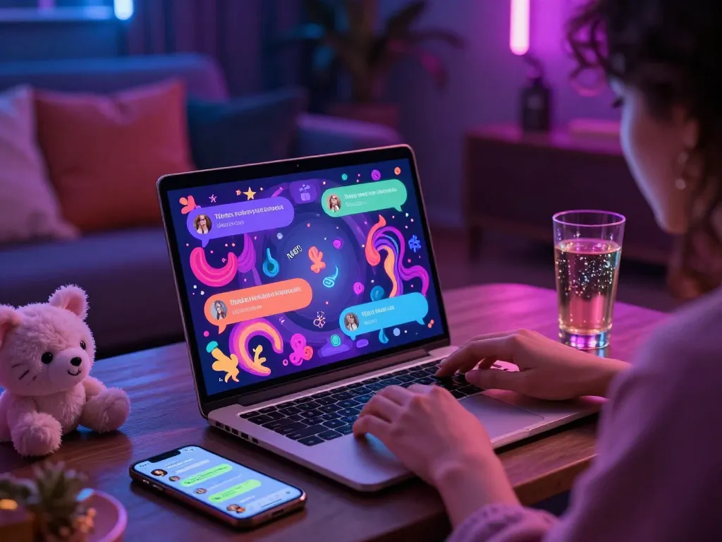Engaging in playful NSFW AI chat on a laptop with vibrant ambiance.