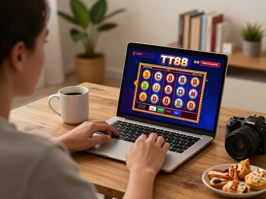 Player engaging with TT88 online casino platform on laptop in cozy home setting.