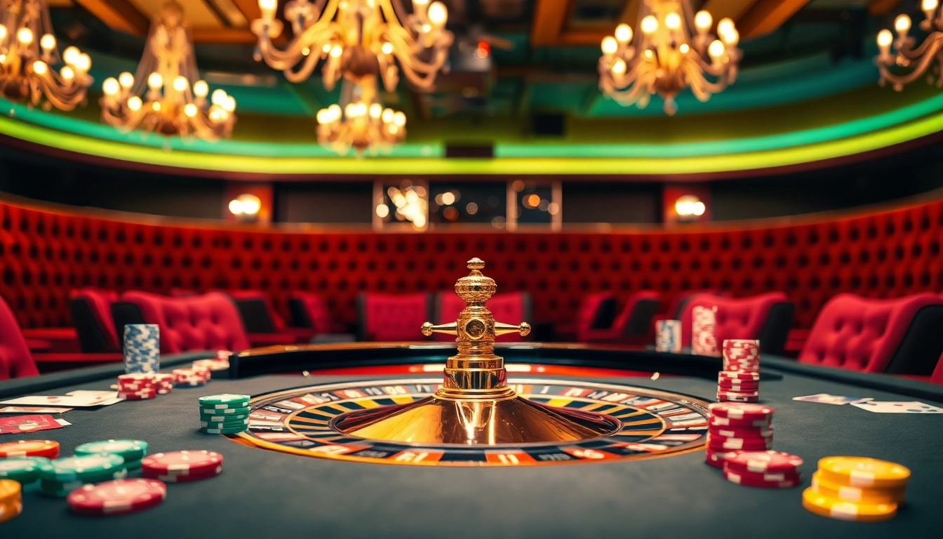 Menggambarkan Akun Depo 5k di kasino dengan meja roulette elegan dan chip warna-warni.