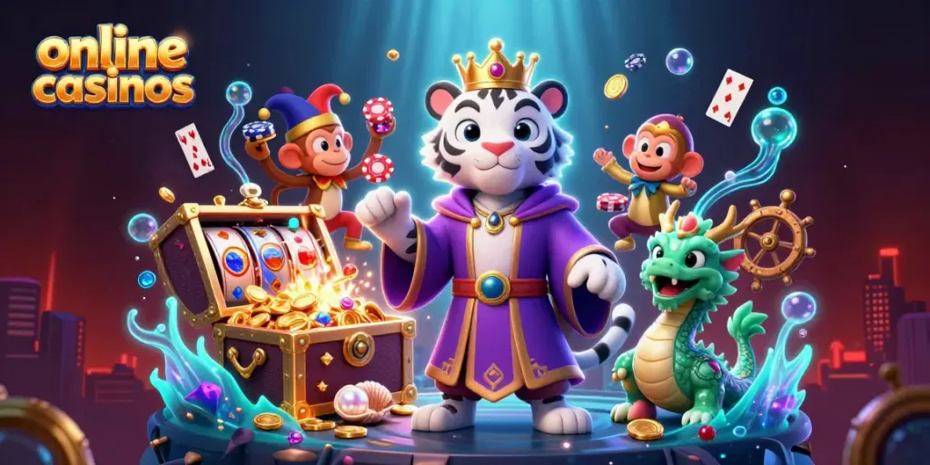 Engage in online casinos with vibrant, playful 3D characters surrounded by dynamic gaming elements.