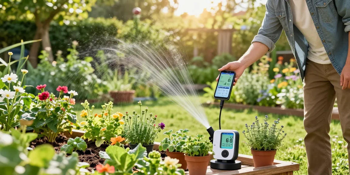 Garden scene with a gardener using a RainPoint automatic watering system to monitor moisture levels in thriving plants.