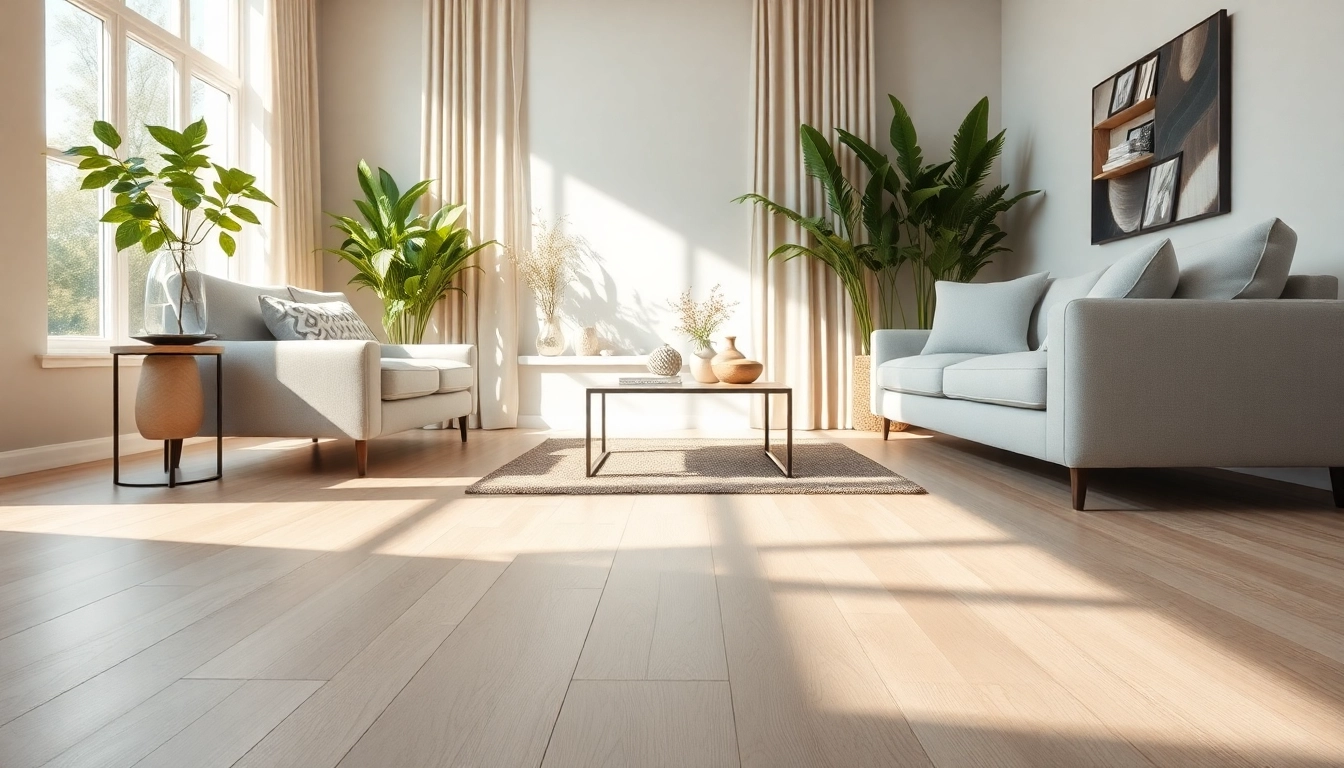 Transform your space with quality vinyl flooring showcasing a sleek finish in a modern living room setting.