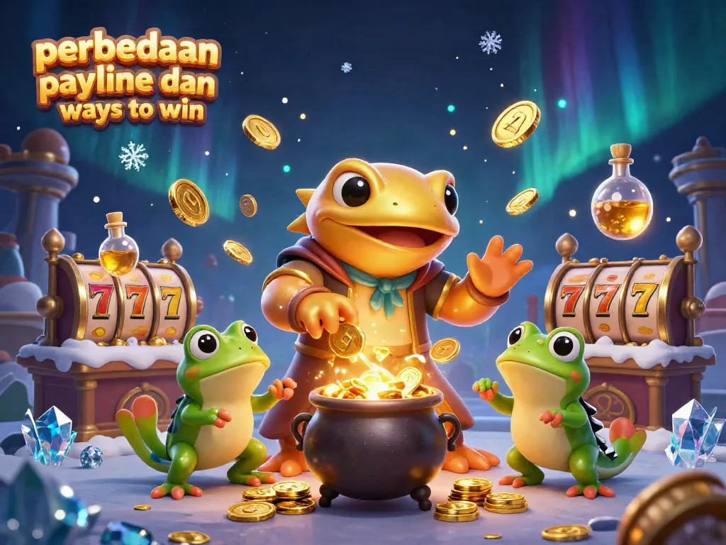 Ilustrasi 3D mendetail tentang perbedaan payline dan ways to win di kasino yang menampilkan karakter kartun di lab alkimia.