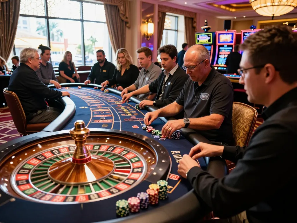Players strategically betting at the roulette table in an 8xx Vegas casino, capturing the vibrant energy of the gaming floor.
