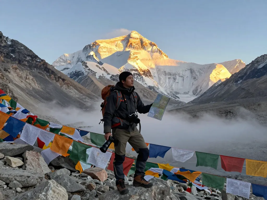 Everest Base Camp Trek with Helicopter Return traveler at sunrise, showcasing mountain backdrop and adventure.