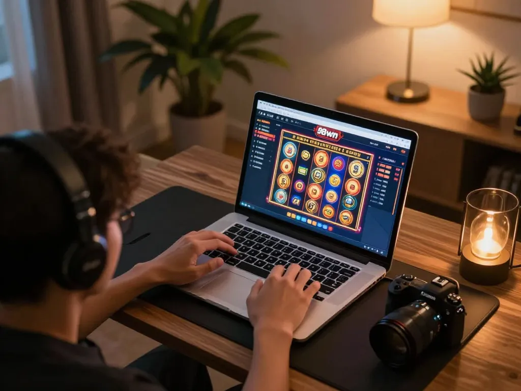 Engaging online gaming session with 98win interface on laptop, showcasing excitement and strategic gameplay.
