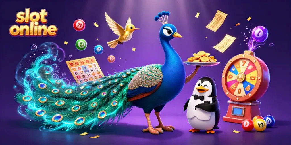 Slot online: Menangkan jackpot dengan simbol slot yang berkilauan dan karakter ceria.