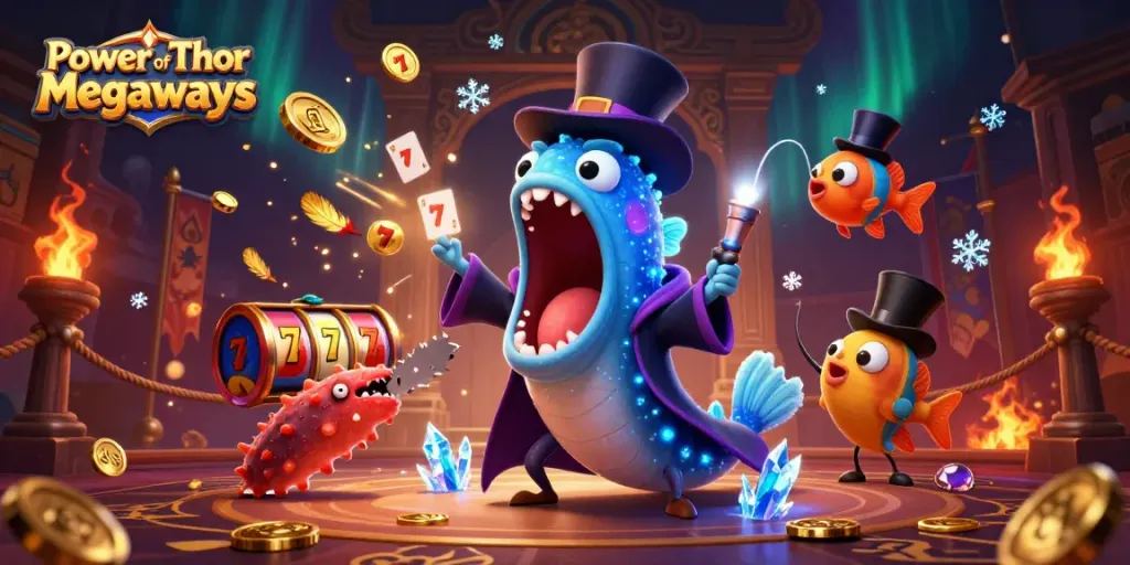Experience the excitement of Power of Thor Megaways as a deep-sea creature performs magic tricks amidst casino elements.