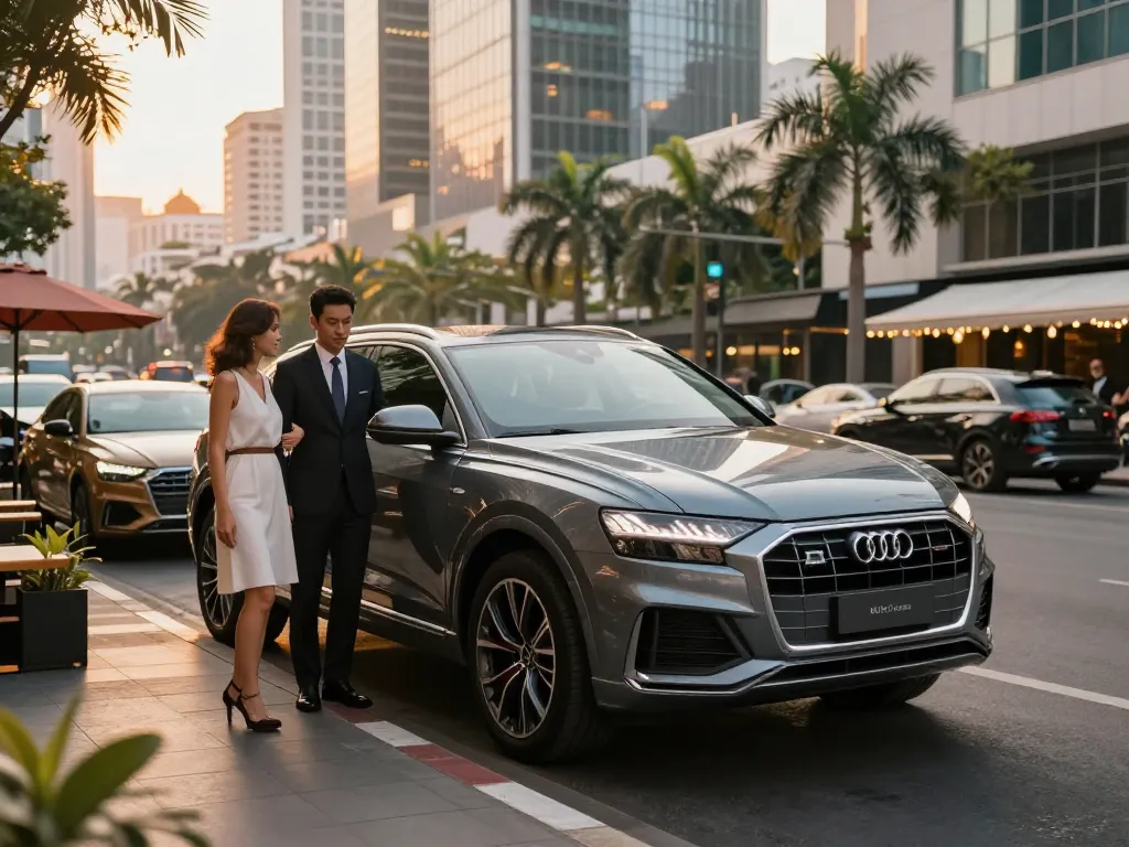 Cho thuê xe ô tô hạng sang với Audi Q8 tại Thành phố Hồ Chí Minh, có một cặp đôi và tài xế trong trang phục thanh lịch.