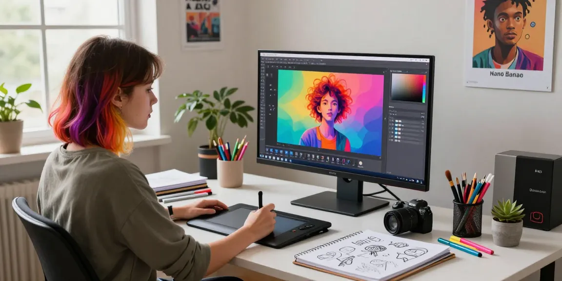 Digital artist enhancing vibrant visuals with Nano Banana Pro AI editor in a creative workspace.