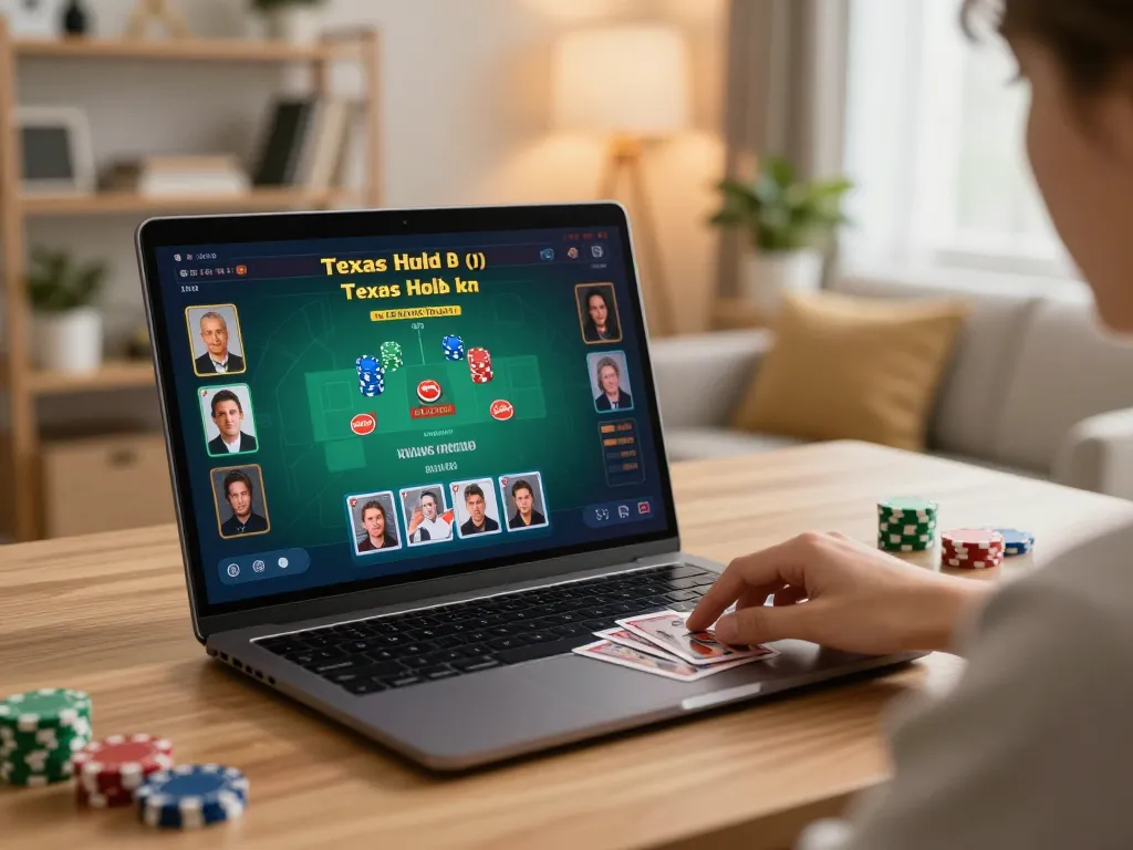 rokok88 player engaging in online poker from home with cozy setup and strategic gameplay