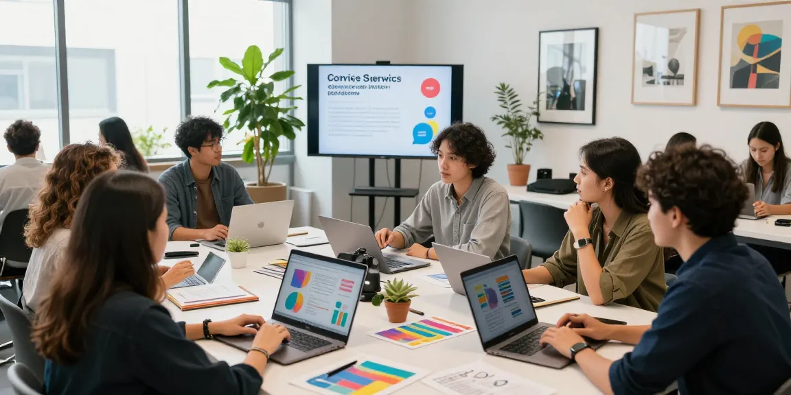 Promote your servises startups in a vibrant co-working space with professionals collaborating.