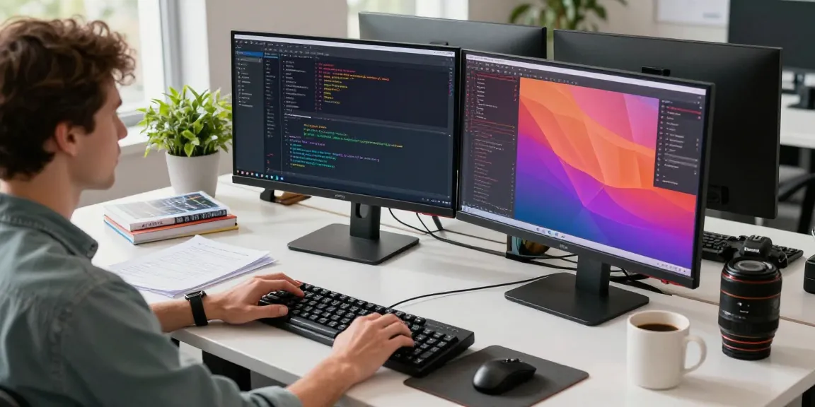 Efficient use of 截图软件 in a modern workspace with software developer using dual monitors and tools.