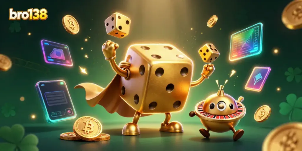 Experience excitement at bro138 with a lively 3D casino scene featuring golden dice and crypto elements.
