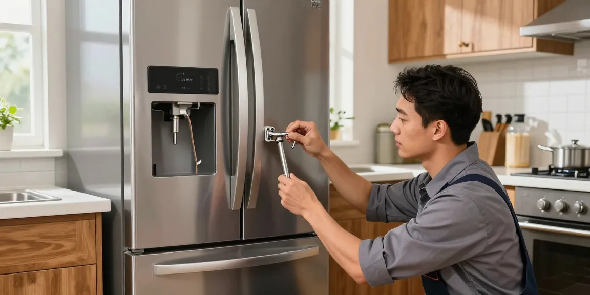Refrigerator Water Line Installation by a technician in a modern kitchen connecting water supply to a Samsung fridge.