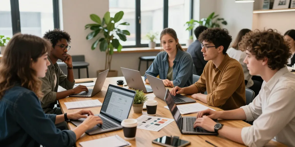 Self-employed professionals collaborating in a modern workspace.