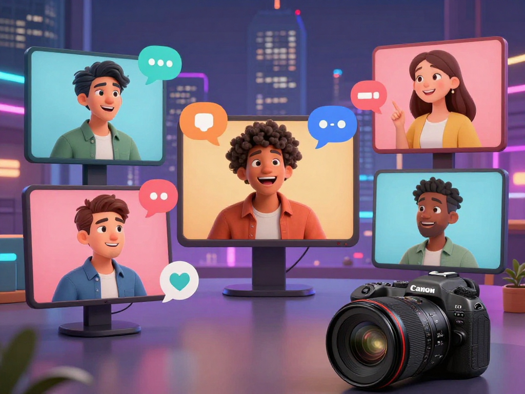 Interactive porn chat AI scene with diverse animated characters enjoying engaging conversations in a virtual environment.